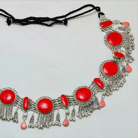 Vintage Kuchi Coral Stone Belly Dance Belt: Afghan Tribal Jewelry main image 9